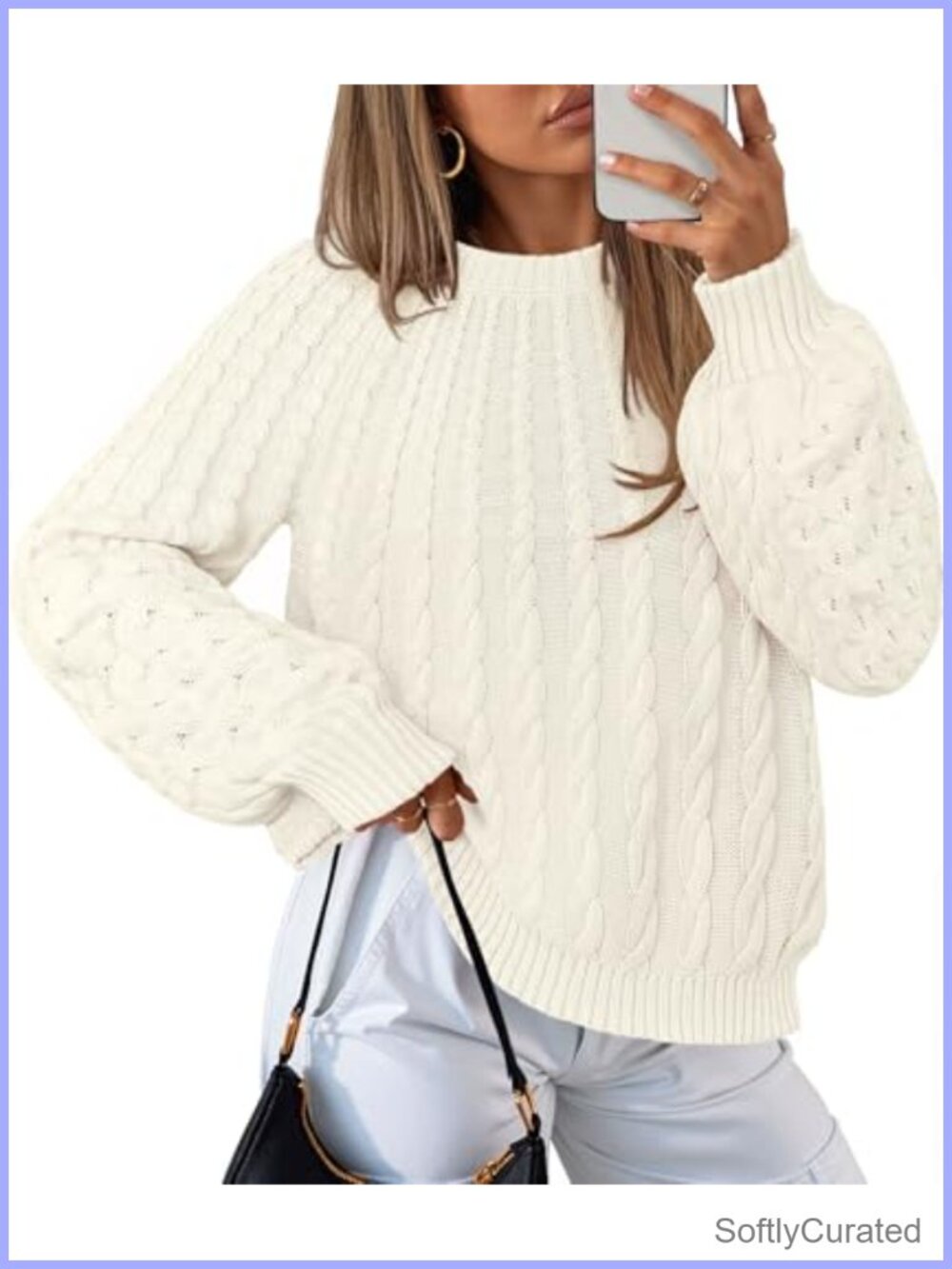 Cable Knit Lantern Sleeve Chunky Pullover Sweater Fall Crew Neck
